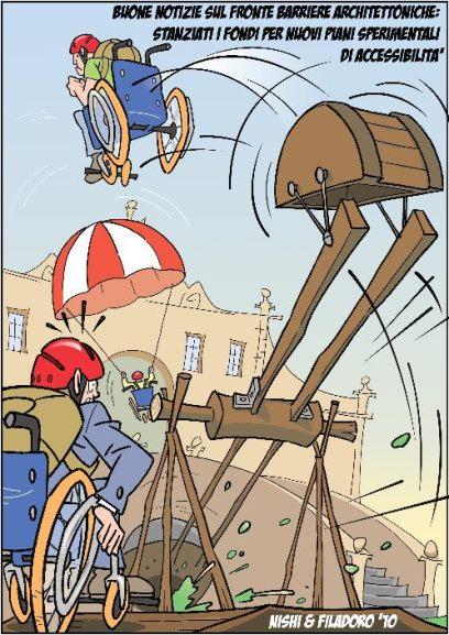 vignetta di un diversamente abile in carrozzina che riesce a superare le barriere architettoniche